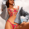 Ensemble 2 pièces brodé rose et bleu, bustier et string